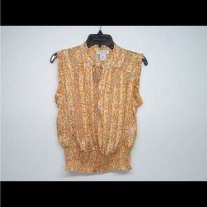 Rachel Zoe (x-small) Tan Sleeveless Smocked Blouse with Mandarin Collar
